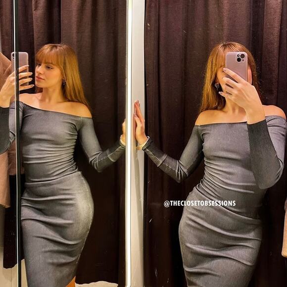ZARA Off Shoulder Fitted Midi Dress NWT | Grey Ombre | Long Sleeve - Picture 8 of 16